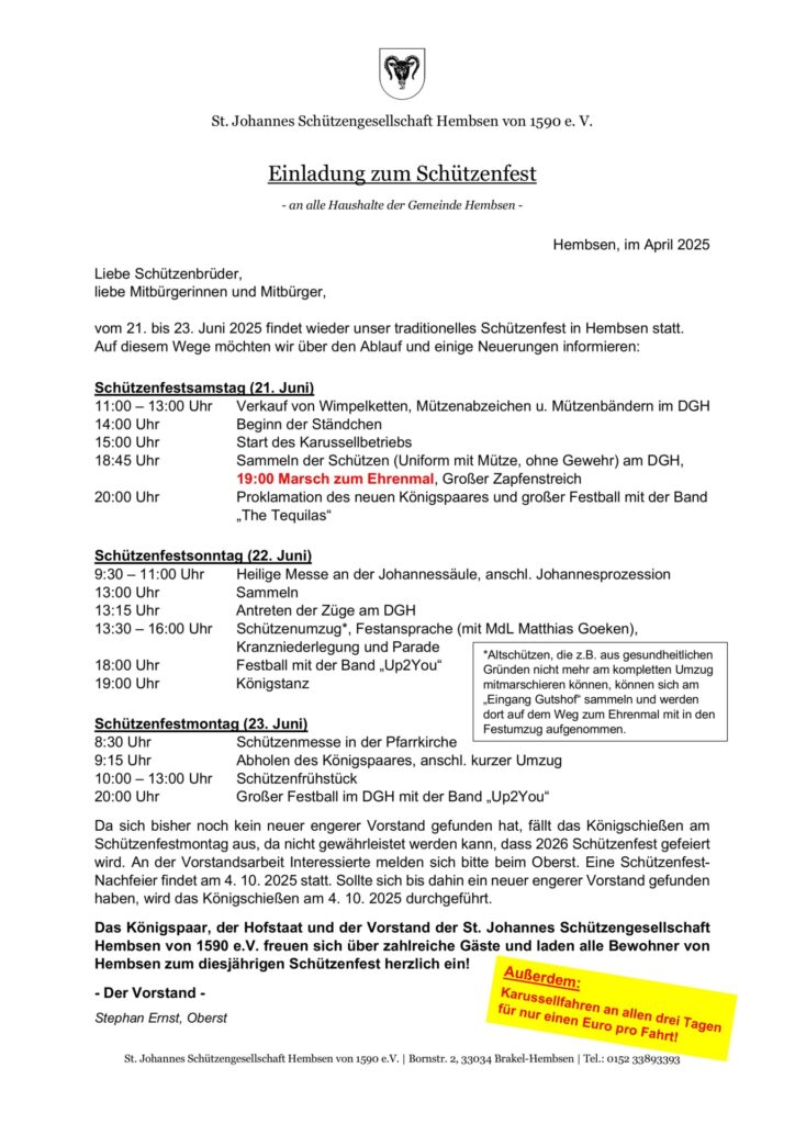 Einladung Schützenfest 2025